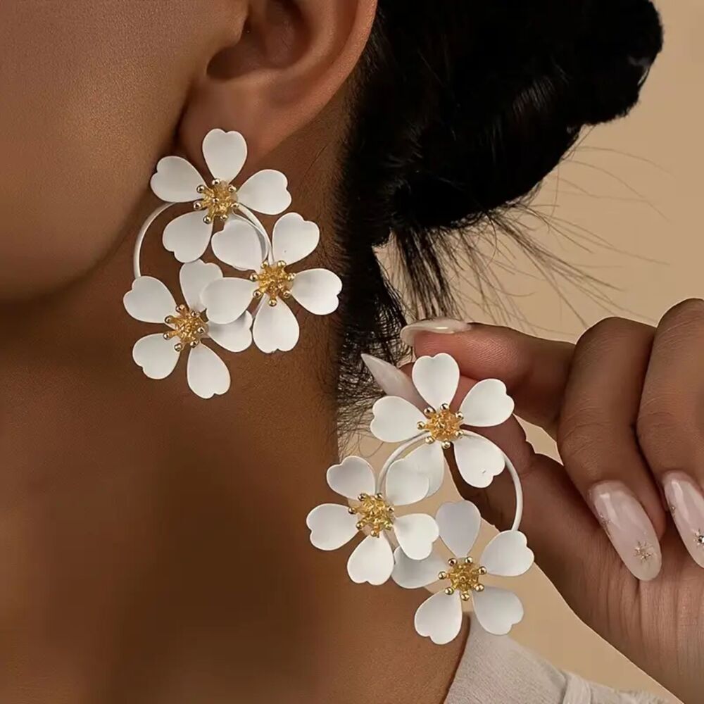 White Floral Statement Earrings – Bold Gold-Accented Hoop Dangle Earrings